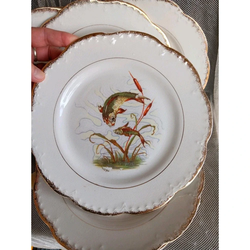 LEBEAU Porcelain Fish Plates French Antique Underwater Asian Style Scene. Set 7